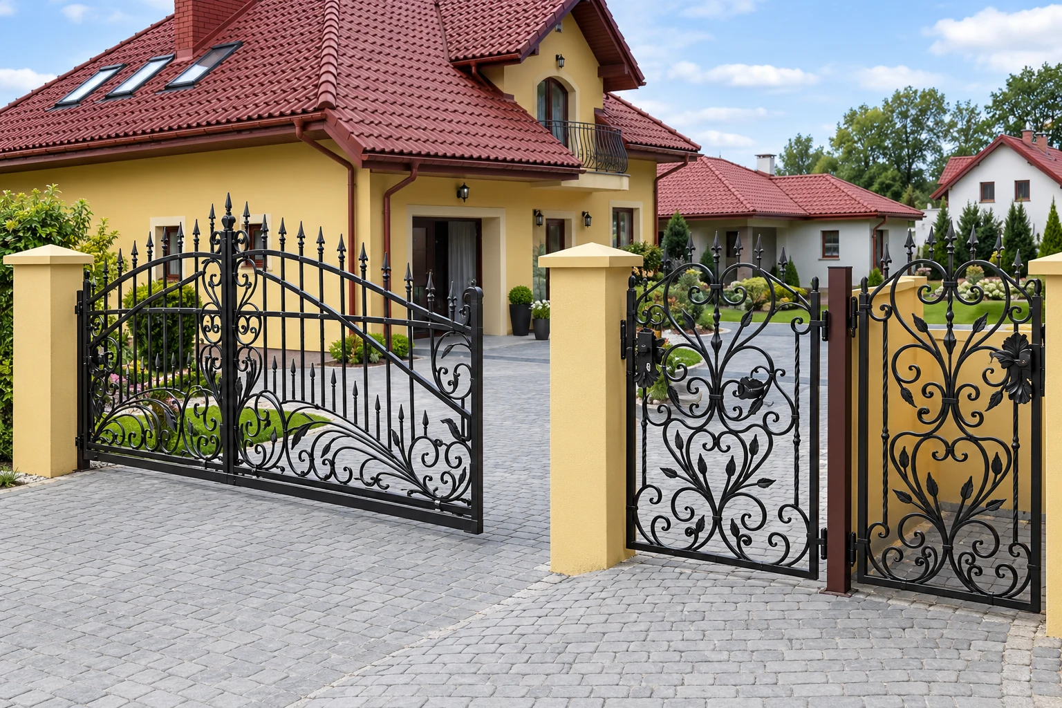 Brama wjazdowa dwuskrzydłowa kuta z motywem ornamentalnym, model BU50 — odtworzone ujęcie oryginalne. Wizualizacja AI.