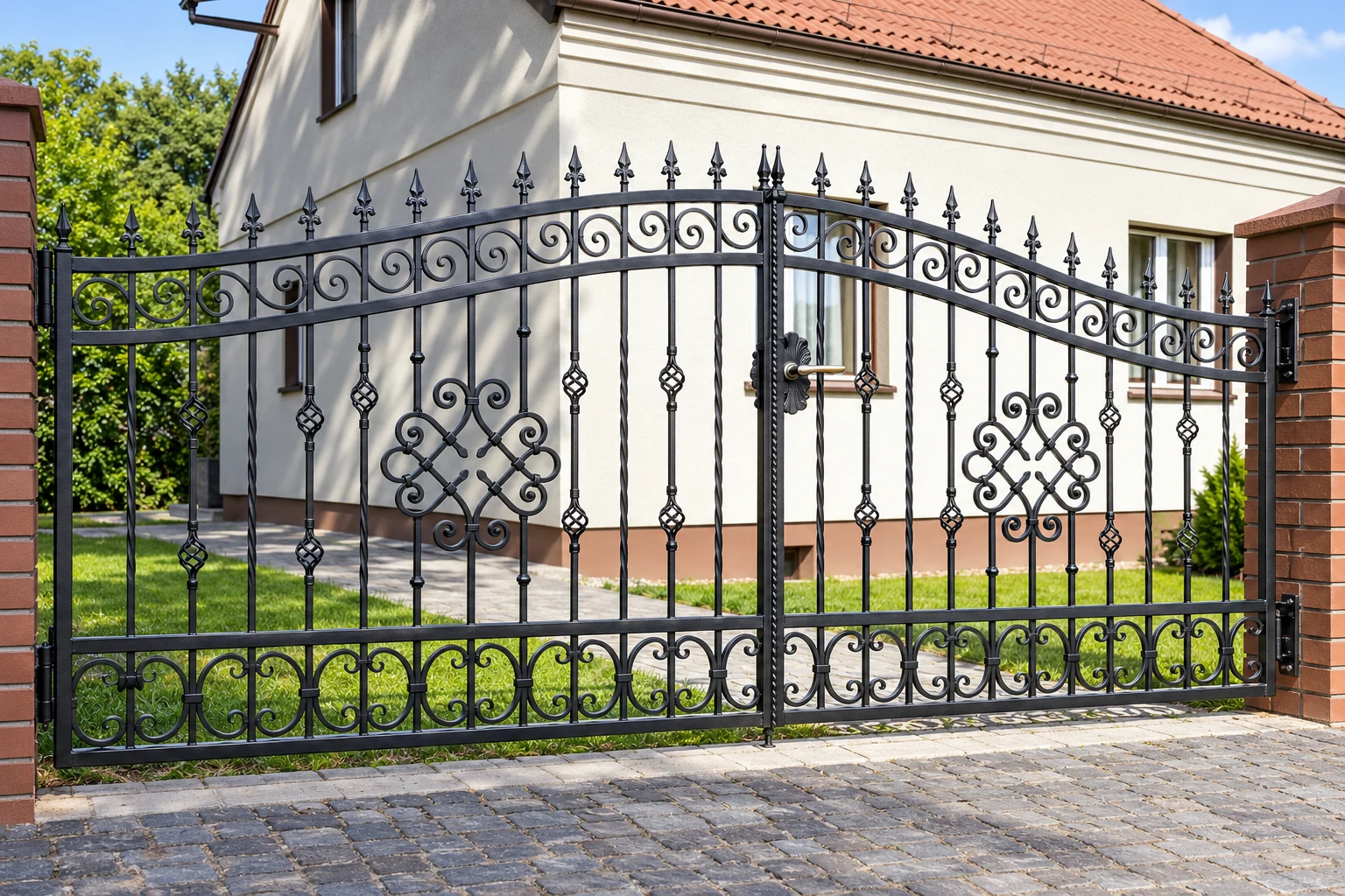 Brama wjazdowa kuta klasyczna z ornamentyką spiralną, model BU32 — odtworzone ujęcie oryginalne. Wizualizacja AI.