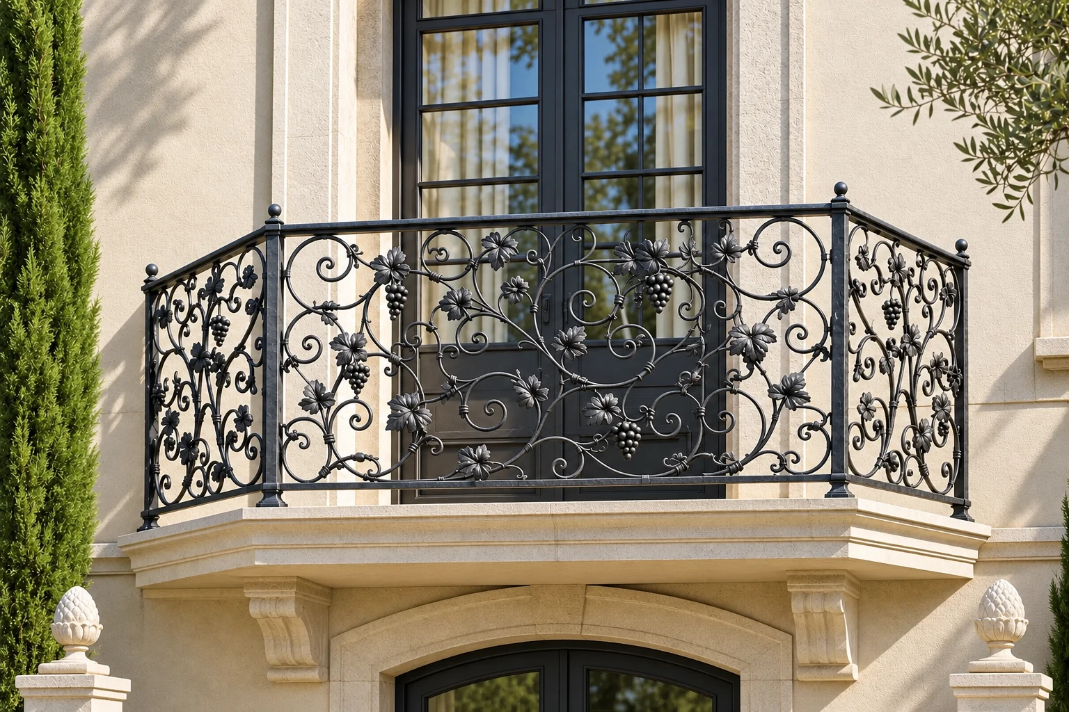 Kuta balustrada artystyczna z motywem winorośli, model BK-VIN01 — odtworzone ujęcie oryginalne. Wizualizacja AI.