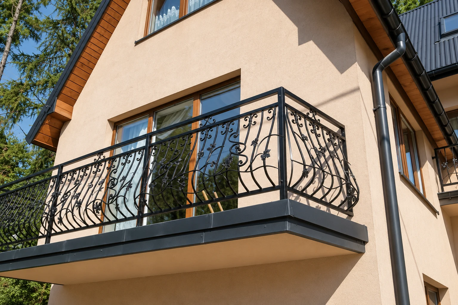 Kuta balustrada balkonowa klasyczna z ornamentyką roślinną, model BKZ31 — odtworzone ujęcie oryginalne. Wizualizacja AI.