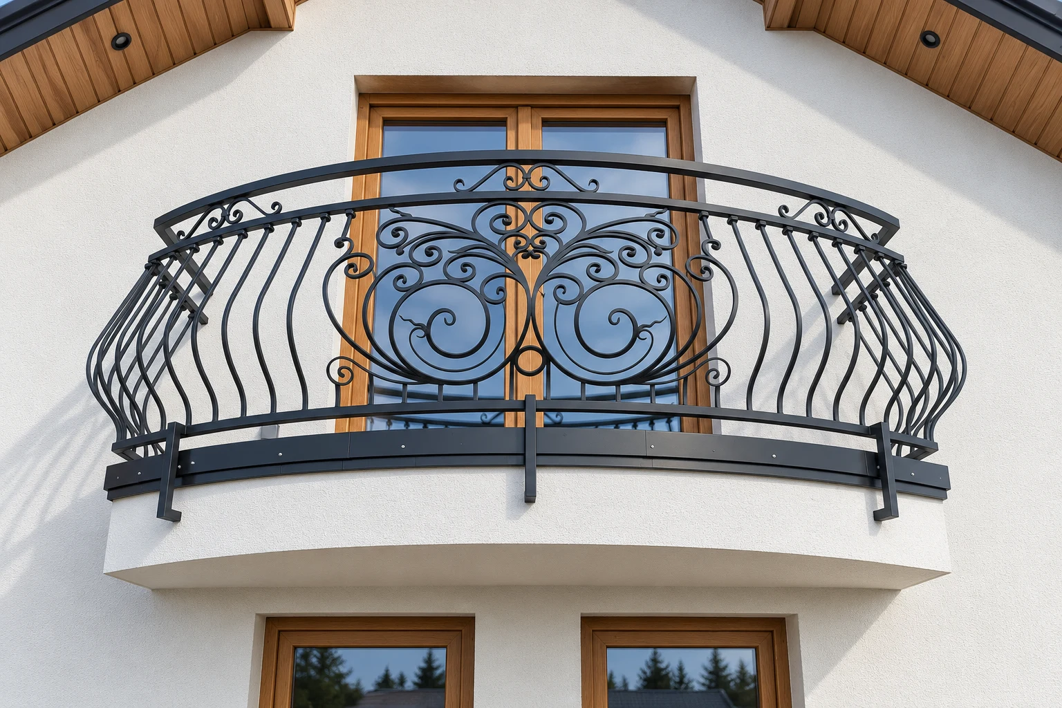 Kuta balustrada balkonowa z ornamentem secesyjnym, model BKZ83 — odtworzone ujęcie oryginalne. Wizualizacja AI.
