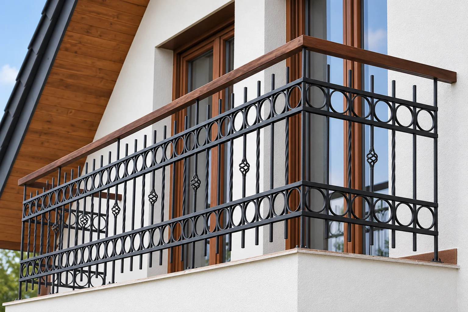 Kuta balustrada balkonowa zewnętrzna z ornamentyką geometryczną i pochwytem drewnianym, model BKZ60 — odtworzone ujęcie oryginalne. Wizualizacja AI.