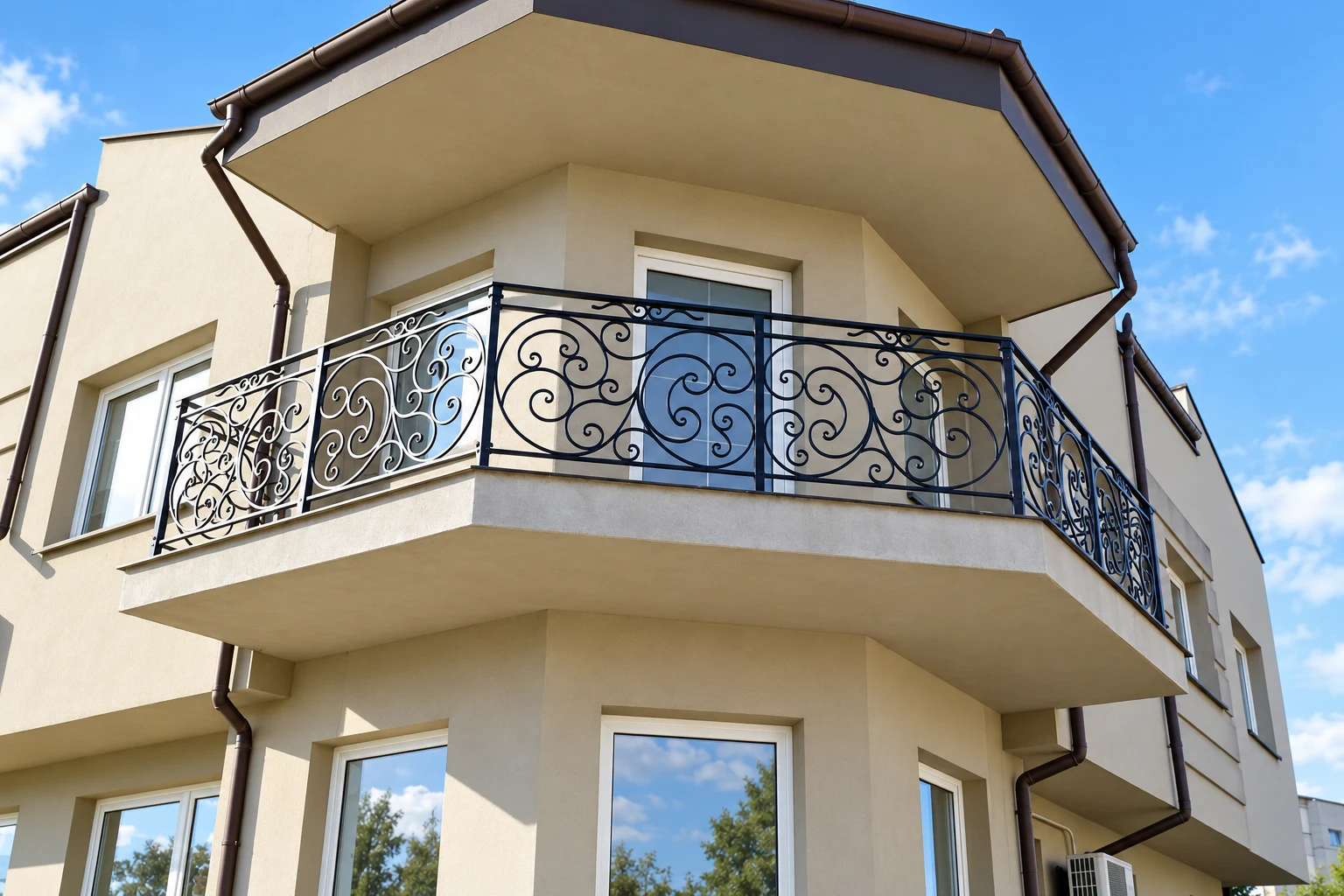 Kuta balustrada zewnętrzna z ornamentyką klasyczną, model BKZ79 — odtworzone ujęcie oryginalne. Wizualizacja AI.