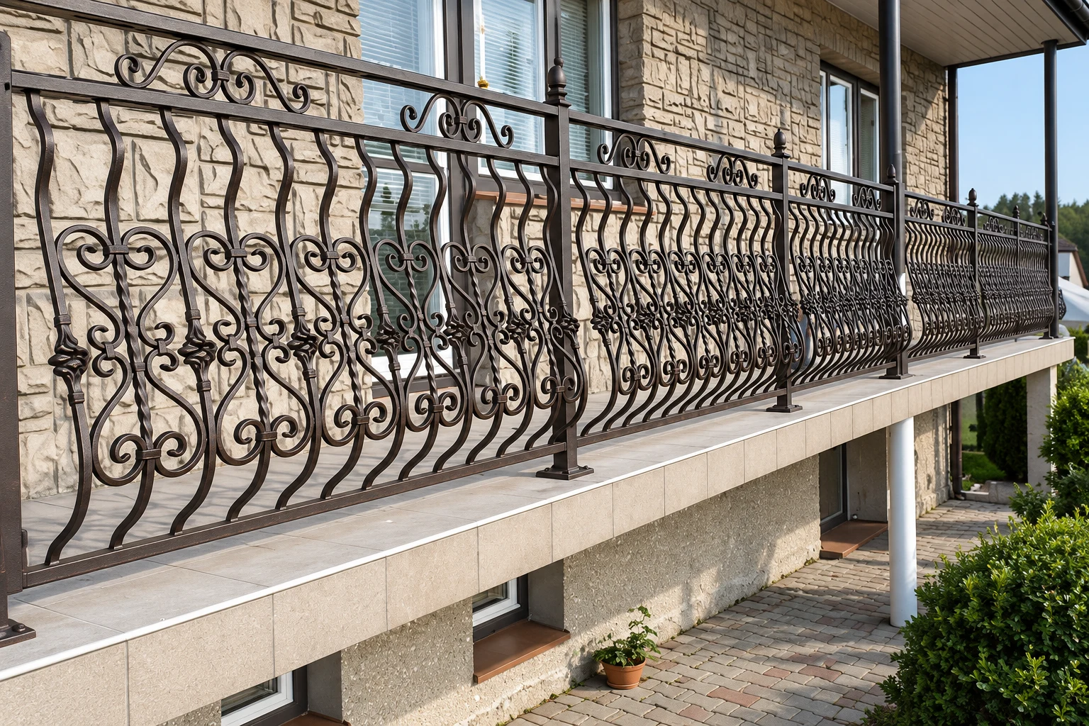Kuta balustrada zewnętrzna z ornamentyką wici roślinnych, model BKZ22 — odtworzone ujęcie oryginalne. Wizualizacja AI.