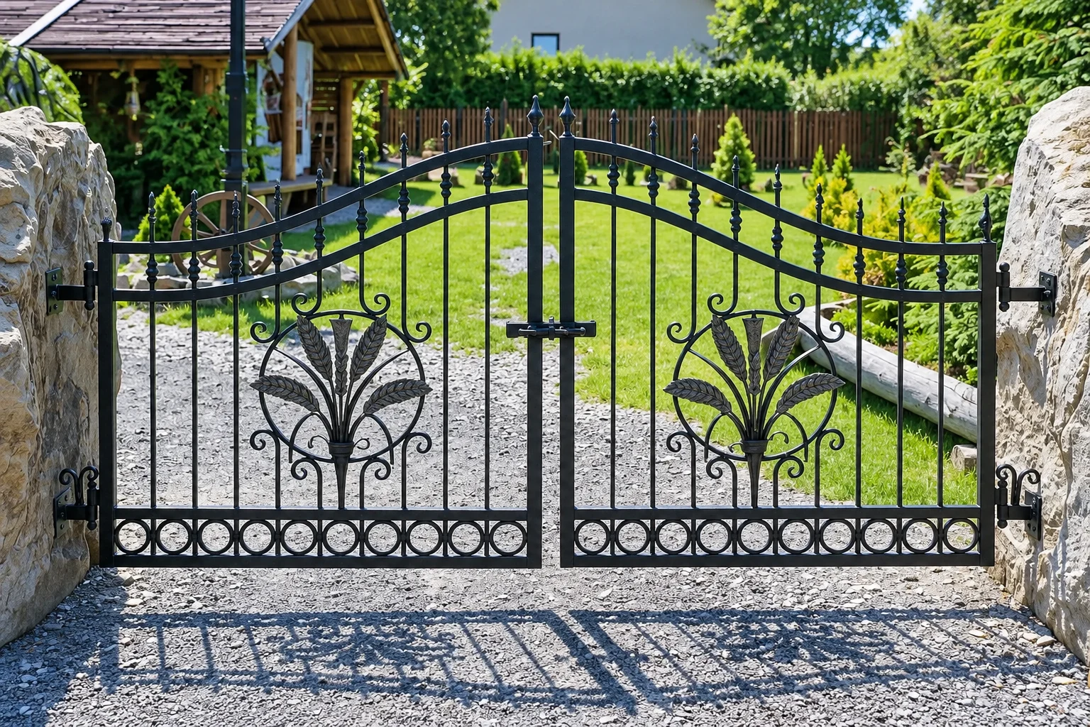 Kuta brama dwuskrzydłowa uchylna z motywem kłosów zboża, model BU48 — odtworzone ujęcie oryginalne. Wizualizacja AI.