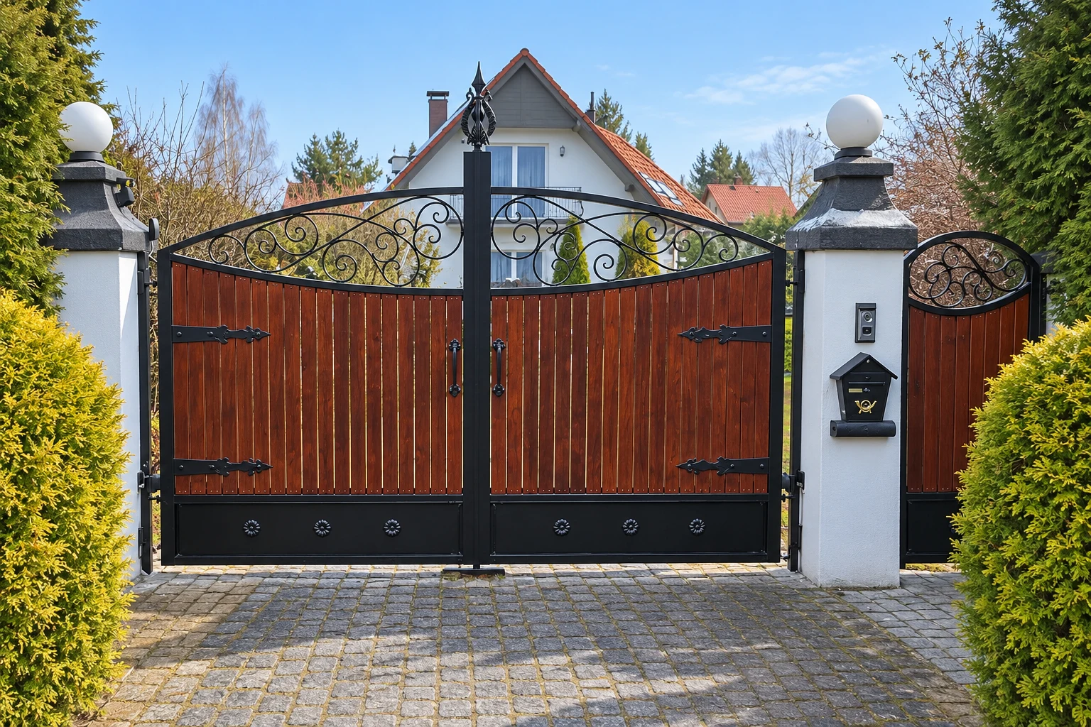 Kuta brama dwuskrzydłowa z akcentami drewnianymi i ornamentyką klasyczną, model sd129 — odtworzone ujęcie oryginalne. Wizualizacja AI.