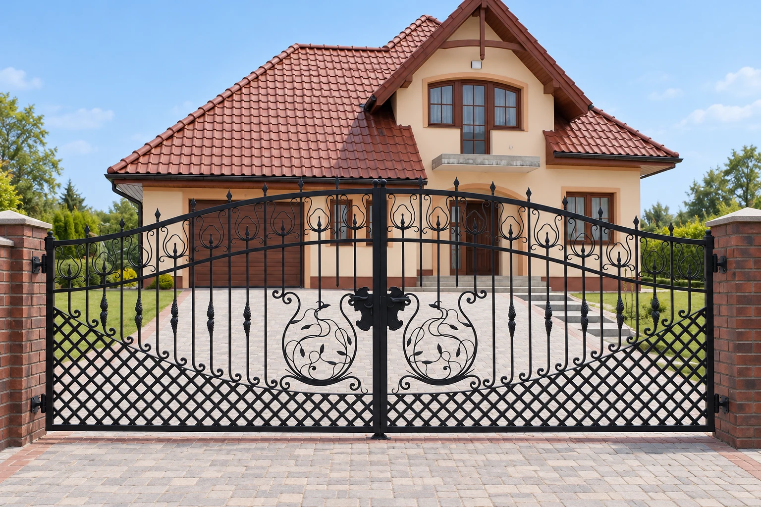 Kuta brama dwuskrzydłowa z ornamentyką florystyczną, model BU104 — odtworzone ujęcie oryginalne. Wizualizacja AI.