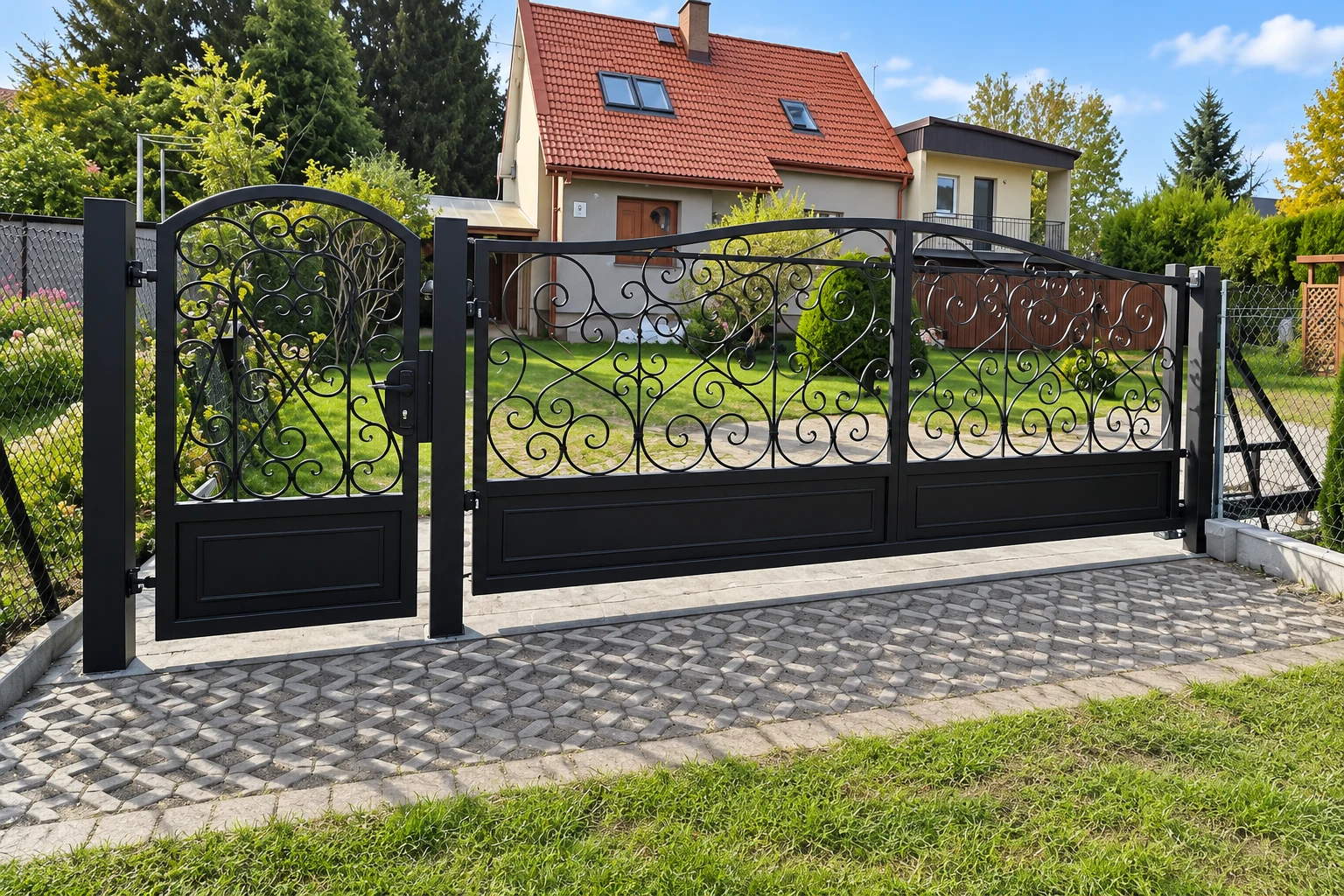 Kuta brama przesuwna ornamentalna z furtką klasyczną, model BP34 — odtworzone ujęcie oryginalne. Wizualizacja AI.