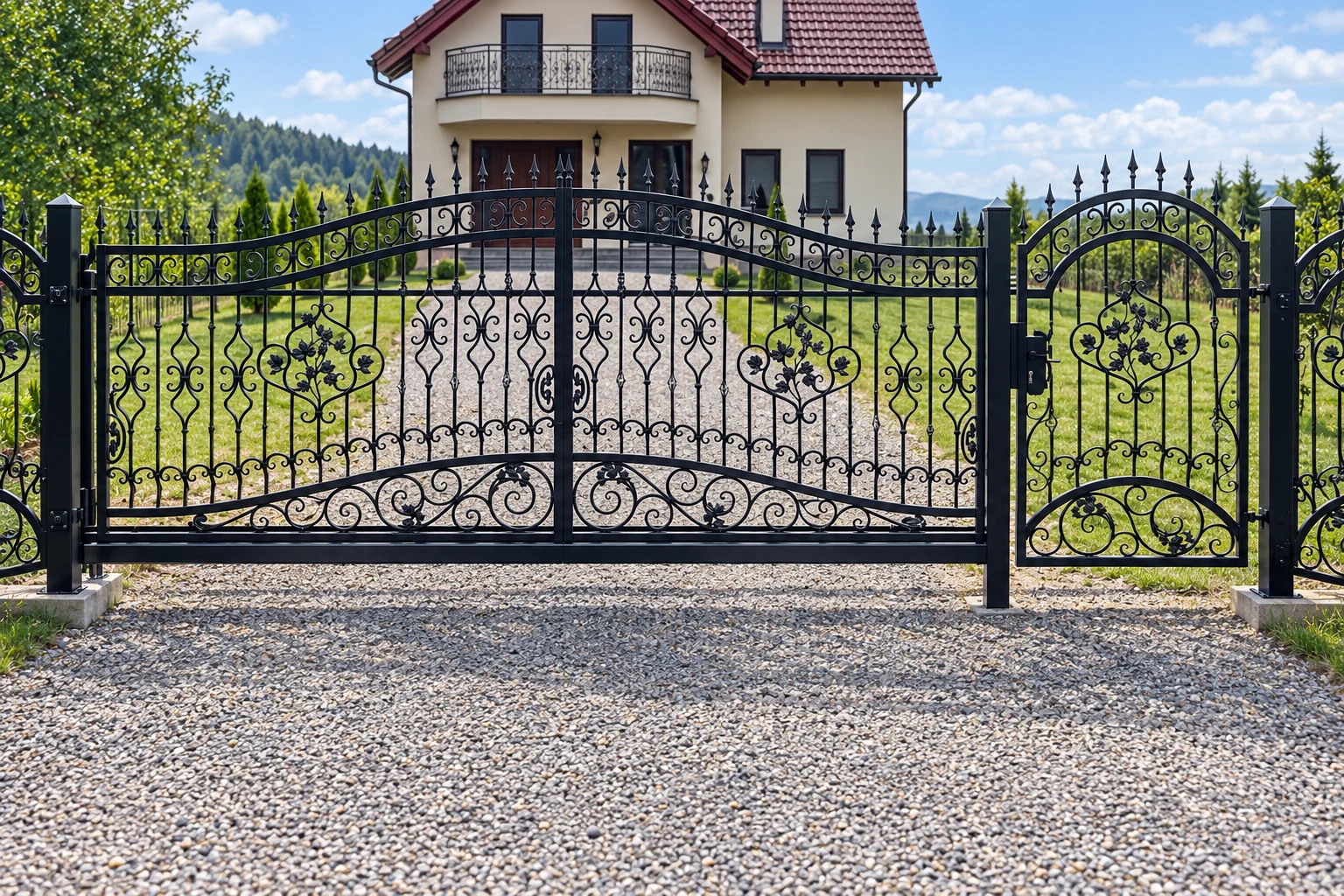 Kuta brama przesuwna w stylu klasycznej ornamentyki, model BP21 — odtworzone ujęcie oryginalne. Wizualizacja AI.