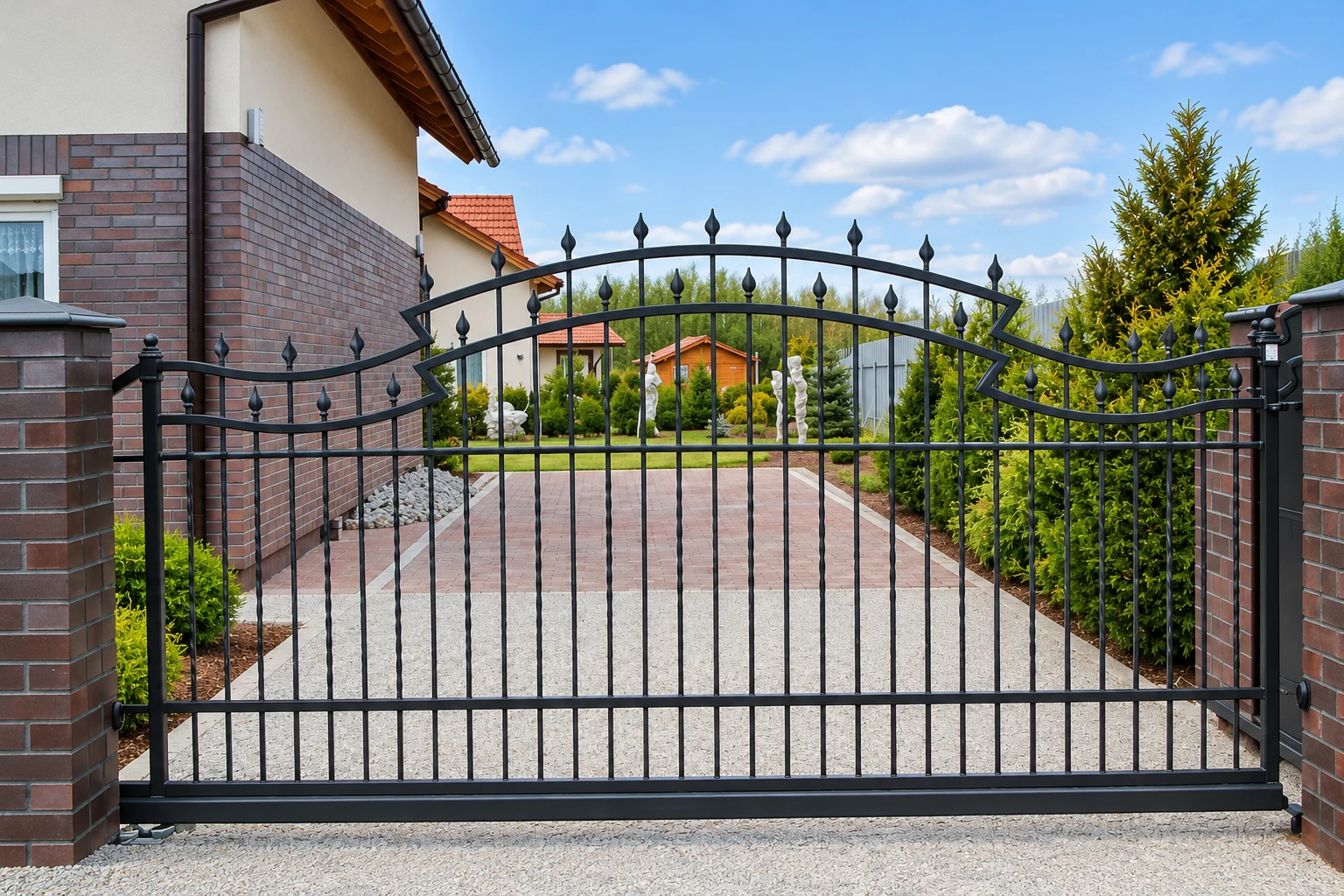 Kuta brama przesuwna z ornamentyką klasyczną, model BP20 — odtworzone ujęcie oryginalne. Wizualizacja AI.