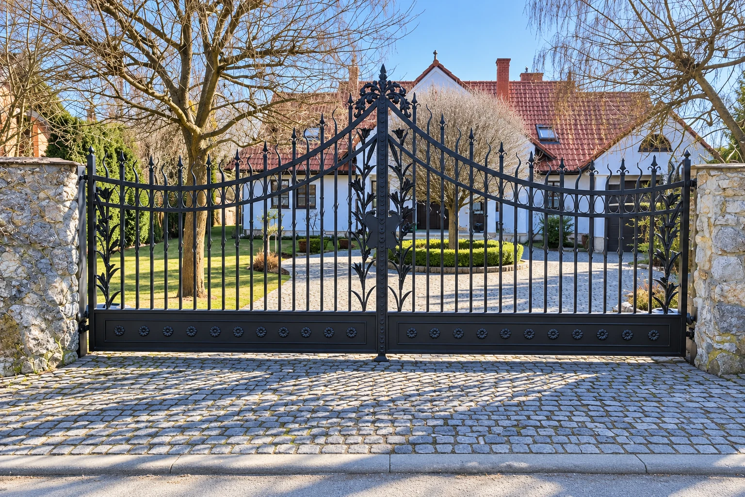 Kuta brama rezydencjonalna dwuskrzydłowa z ornamentem lilii, model sd131 — odtworzone ujęcie oryginalne. Wizualizacja AI.
