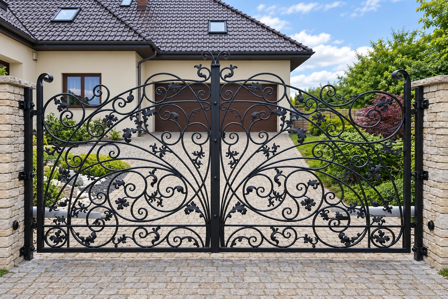 Kuta brama wjazdowa dwuskrzydłowa z ornamentyką barokową, model BU97 — odtworzone ujęcie oryginalne. Wizualizacja AI.