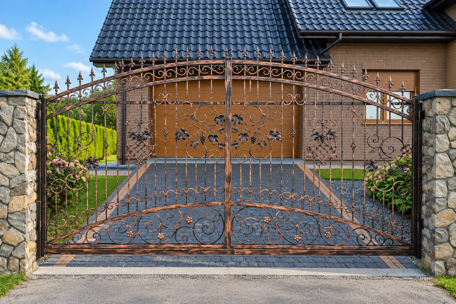 Kuta brama wjazdowa i ogrodzenie z ornamentyką winiarską, model BP17 — odtworzone ujęcie oryginalne. Wizualizacja AI.