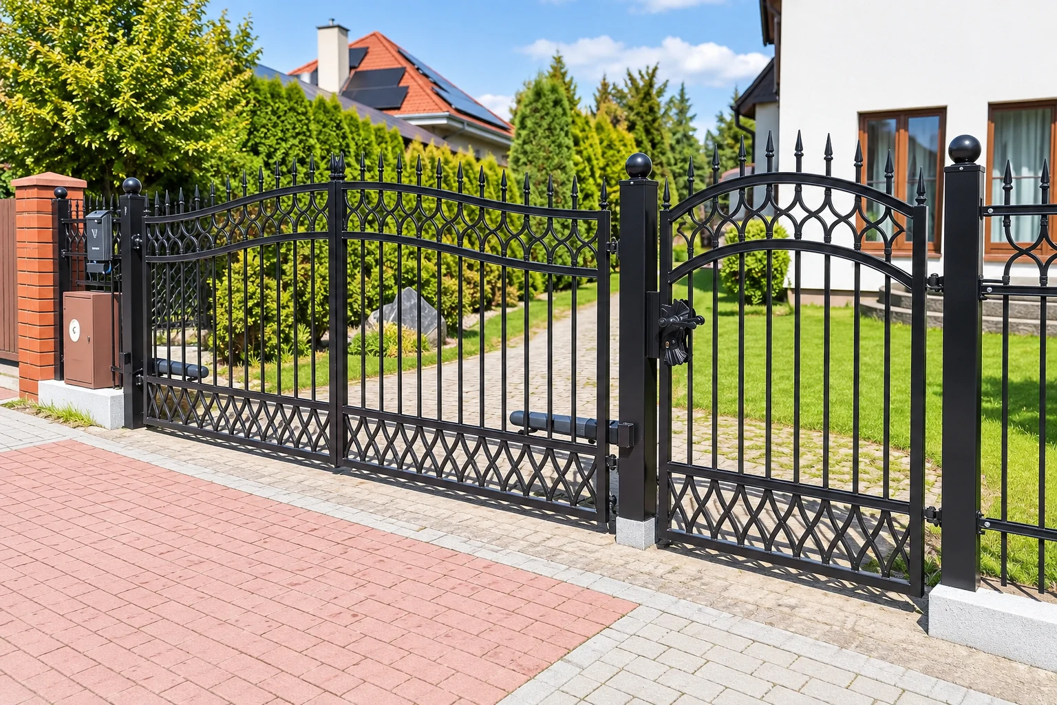 Kuta brama wjazdowa uchylna z furtką, motyw klasyczno-ornamentalny, model BU133 — odtworzone ujęcie oryginalne. Wizualizacja AI.