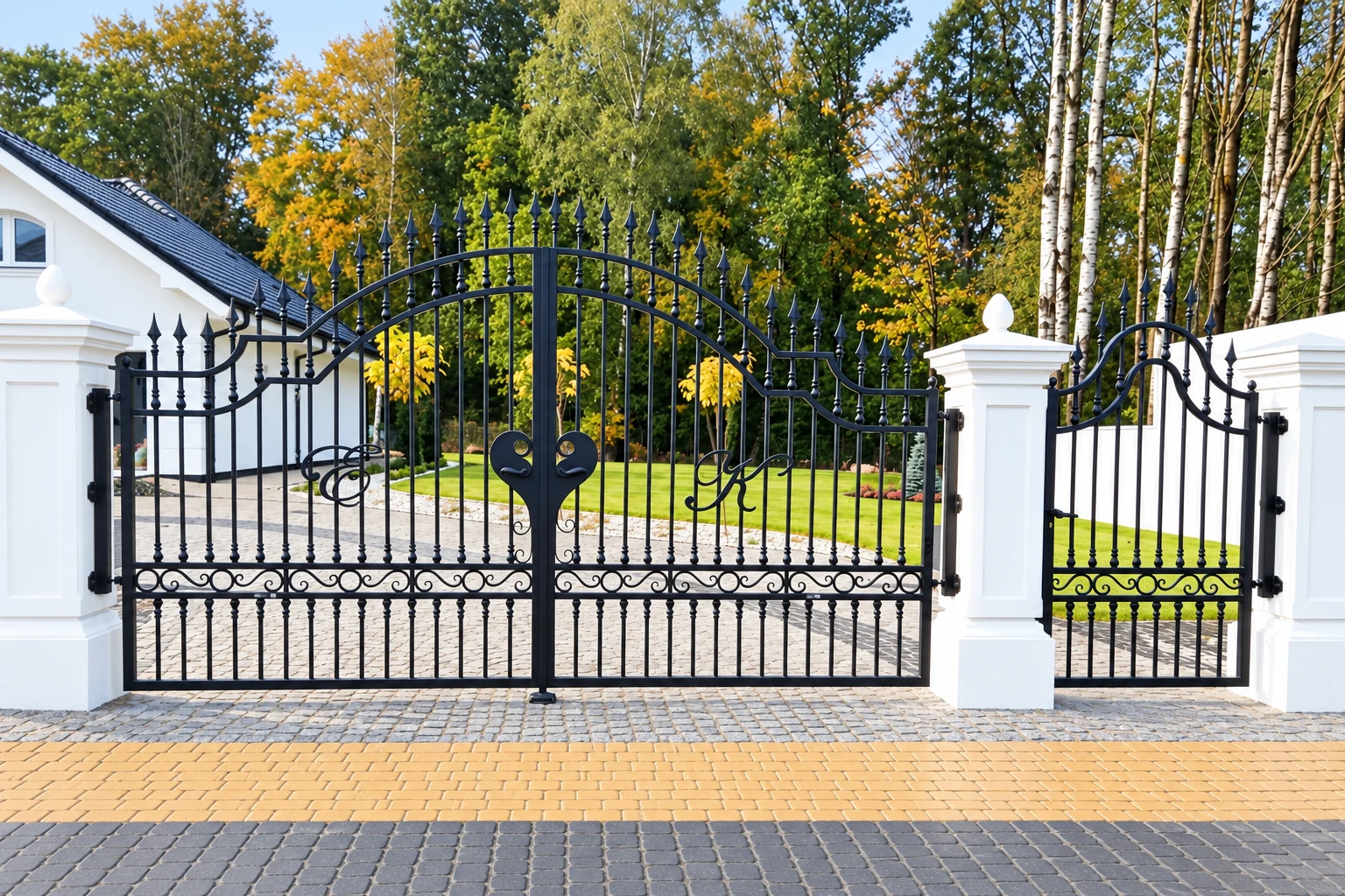Kuta brama wjazdowa uchylna z indywidualnymi inicjałami, model sd123 — odtworzone ujęcie oryginalne. Wizualizacja AI.