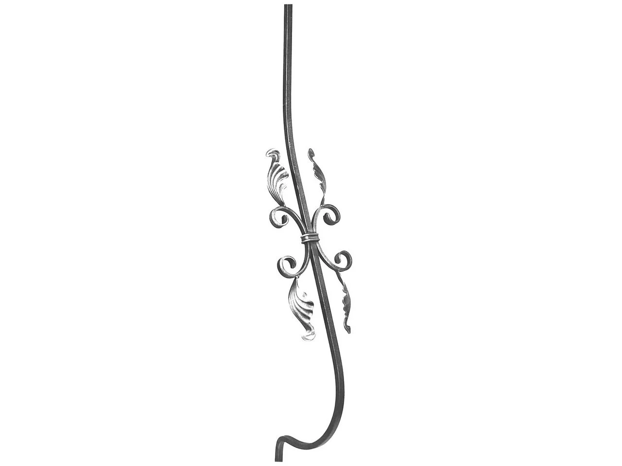Wyrób kuty: Kuta tralka balustradowa gięta ozdobna z motywem roślinnym 12x12 mm 920x135 mm