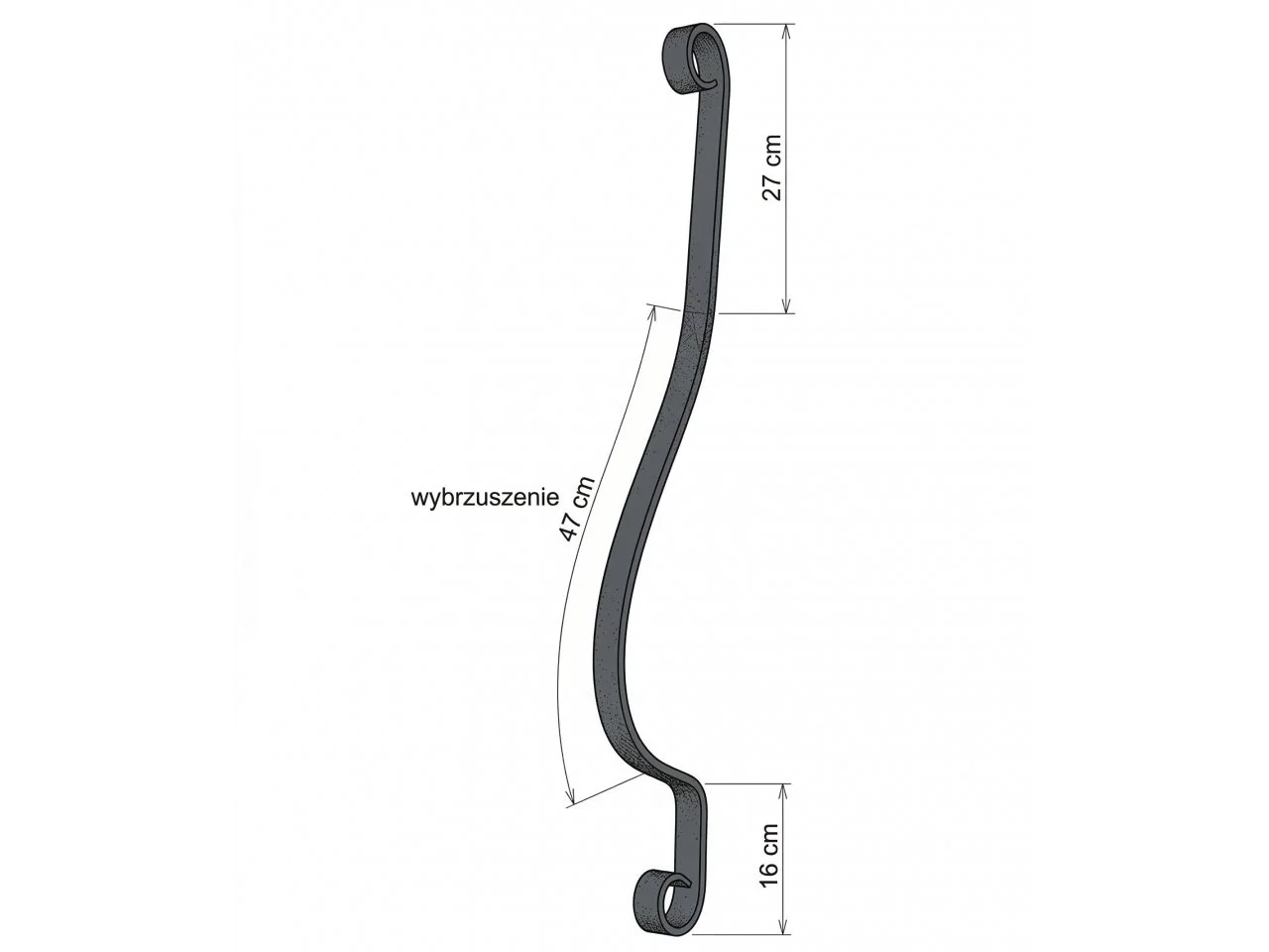 Wyrób kuty: Kuta tralka stalowa ozdobna z płaskownika 30x5 mm 900x155 mm