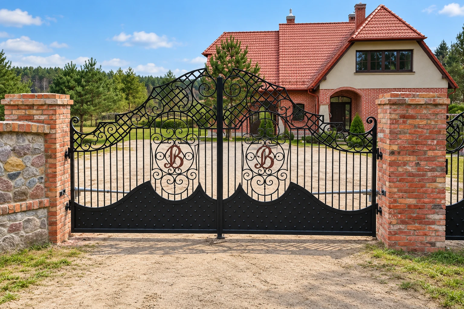 Kuty zestaw wjazdowy z bramą i furtką ornamentalną, model sd113 — odtworzone ujęcie oryginalne. Wizualizacja AI.