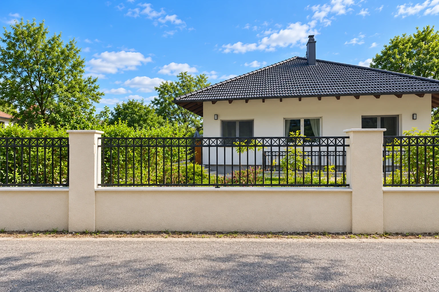 Nowoczesne ogrodzenie kute z panelem geometrycznym, model mg23 — odtworzone ujęcie oryginalne. Wizualizacja AI.
