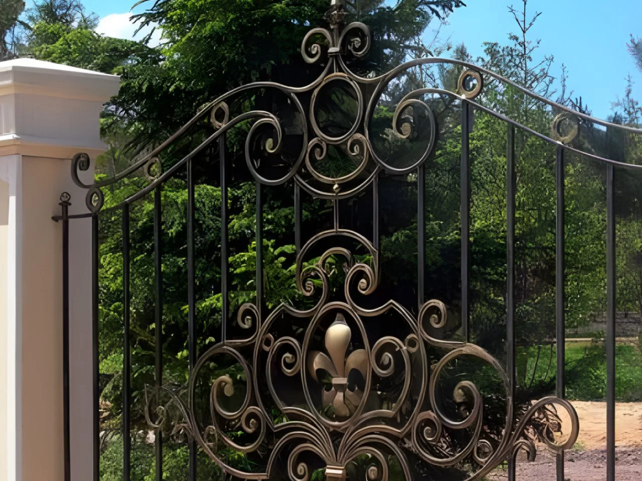 Wyrób kuty: Ornamentalne Kute Przęsło Ogrodzeniowe z Centralnym Motywem Fleur-de-lis