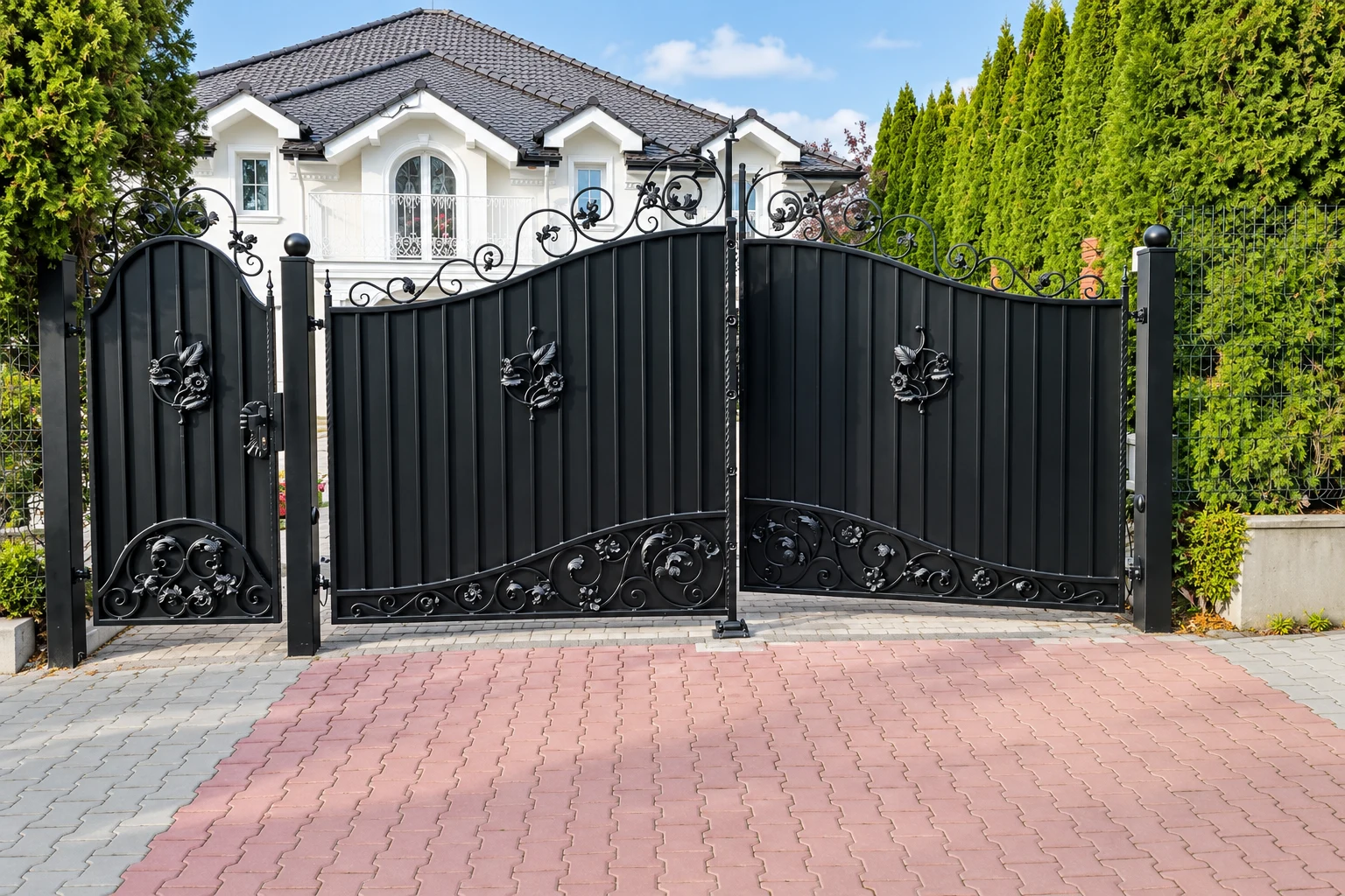 Reprezentacyjna kuta brama wjazdowa z ornamentyką kwiatową, model BU129 — odtworzone ujęcie oryginalne. Wizualizacja AI.