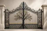 Luksusowa czarna brama kuta z centralnie umieszczonym drzewem o złotych liściach, z bogatymi zdobieniami u góry i u dołu skrzydła bramy.