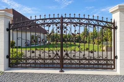 Artystyczna kuta brama wjazdowa z botanicznym ornamentem, model BU135 — odtworzone ujęcie oryginalne. Wizualizacja AI.