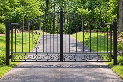 Brama kuta dwuskrzydłowa z ornamentyką klasyczną, model BU75 — odtworzone ujęcie oryginalne. Wizualizacja AI.