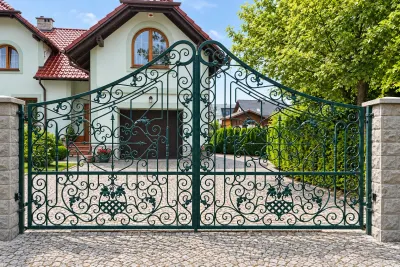 Brama kuta dwuskrzydłowa z ornamentyką winiarską, model BU140 — odtworzone ujęcie oryginalne. Wizualizacja AI.
