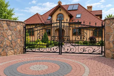 Brama kuta uchylna klasyczna z ornamentyką, model BU46 — odtworzone ujęcie oryginalne. Wizualizacja AI.