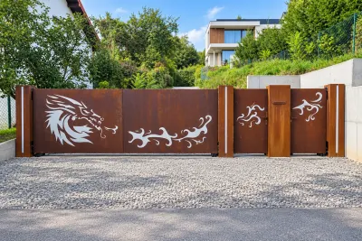 Brama przesuwna corten z laserowym motywem smoka i zintegrowanym oświetleniem, model BP35 — odtworzone ujęcie oryginalne. Wizualizacja AI.