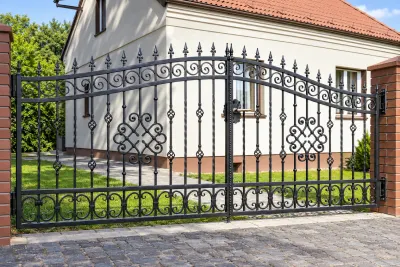Brama wjazdowa kuta klasyczna z ornamentyką spiralną, model BU32 — odtworzone ujęcie oryginalne. Wizualizacja AI.