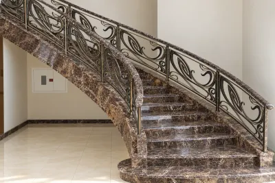 Ekskluzywna kuta balustrada schodowa art nouveau, model sx37 — odtworzone ujęcie oryginalne. Wizualizacja AI.