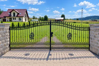 Klasyczna kuta brama wjazdowa i ogrodzenie z ornamentyką floralną, model sd101 — odtworzone ujęcie oryginalne. Wizualizacja AI.
