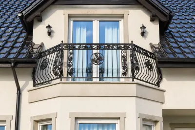 Kuta balustrada balkonowa o ornamentyce klasycznej, model BKZ84 — odtworzone ujęcie oryginalne. Wizualizacja AI.