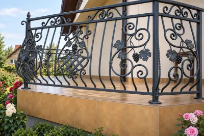 Kuta balustrada balkonowa ornamentalna z motywem winorośli, model BKZ27 — odtworzone ujęcie oryginalne. Wizualizacja AI.