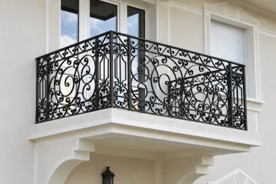 Kuta balustrada balkonowa w stylu ornamentalnym rococo, model BKZ59 — odtworzone ujęcie oryginalne. Wizualizacja AI.
