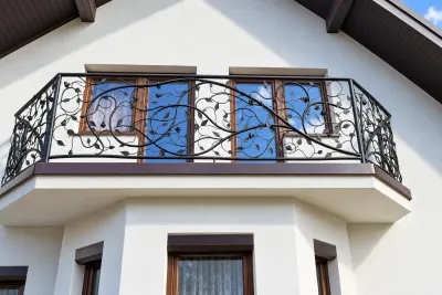 Kuta balustrada balkonowa z motywem florystycznym secesyjnym, model BKZ81 — odtworzone ujęcie oryginalne. Wizualizacja AI.