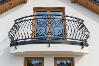 Kuta balustrada balkonowa z ornamentem secesyjnym, model BKZ83 — odtworzone ujęcie oryginalne. Wizualizacja AI.