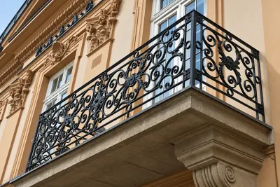 Kuta balustrada balkonowa z ornamentyką barokową, model sc87 — odtworzone ujęcie oryginalne. Wizualizacja AI.