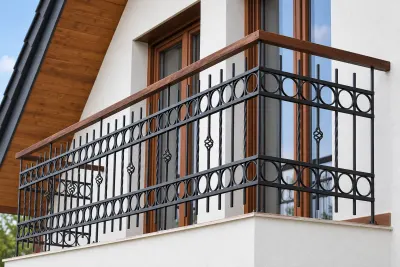 Kuta balustrada balkonowa zewnętrzna z ornamentyką geometryczną i pochwytem drewnianym, model BKZ60 — odtworzone ujęcie oryginalne. Wizualizacja AI.