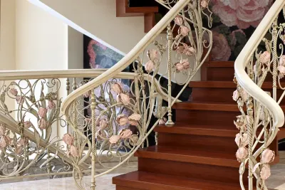 Kuta balustrada schodowa z motywem róż w stylu art nouveau, model sx23 — odtworzone ujęcie oryginalne. Wizualizacja AI.