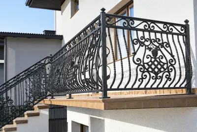 Kuta balustrada zewnętrzna klasyczna z ornamentyką, model BKZ20 — odtworzone ujęcie oryginalne. Wizualizacja AI.