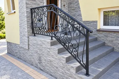 Kuta balustrada zewnętrzna z ornamentyką klasyczną i motywami winorośli, model BKZ75 — odtworzone ujęcie oryginalne. Wizualizacja AI.