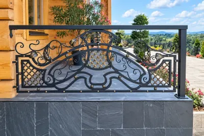 Kuta balustrada zewnętrzna z ornamentyką roślinną, model sc95 — odtworzone ujęcie oryginalne. Wizualizacja AI.