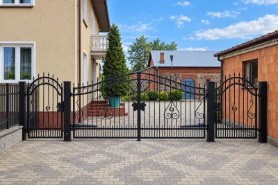 Kuta brama dwuskrzydłowa z furtką o ornamentyce klasycznej, model BU146 — odtworzone ujęcie oryginalne. Wizualizacja AI.