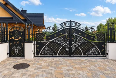 Kuta brama posesyjna dwuskrzydłowa z ornamentyką secesyjną, model BU130 — odtworzone ujęcie oryginalne. Wizualizacja AI.