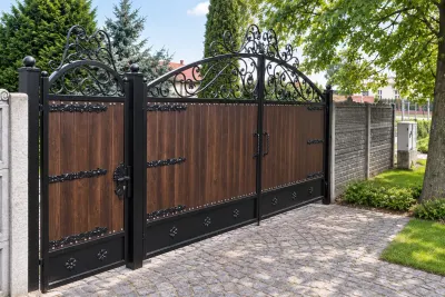 Kuta brama wjazdowa dwuskrzydłowa z elementami drewnianymi i rococo ornamentyką, model BU60 — odtworzone ujęcie oryginalne. Wizualizacja AI.