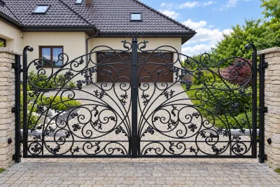 Kuta brama wjazdowa dwuskrzydłowa z ornamentyką barokową, model BU97 — odtworzone ujęcie oryginalne. Wizualizacja AI.