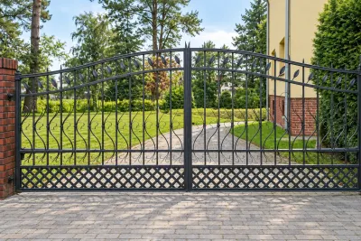 Kuta brama wjazdowa dwuskrzydłowa z ornamentyką florystyczną i panelem kratownicowym, model BU59 — odtworzone ujęcie oryginalne. Wizualizacja AI.